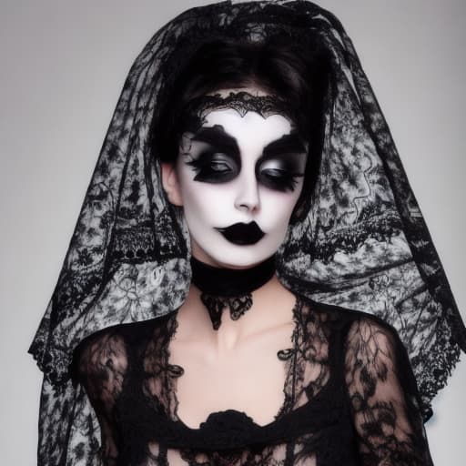  Female model wearing gothic style makeup with black lace scarf