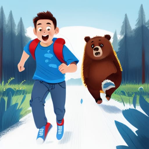  a boy with blue shirt and blue jeans is running, a bear chasing