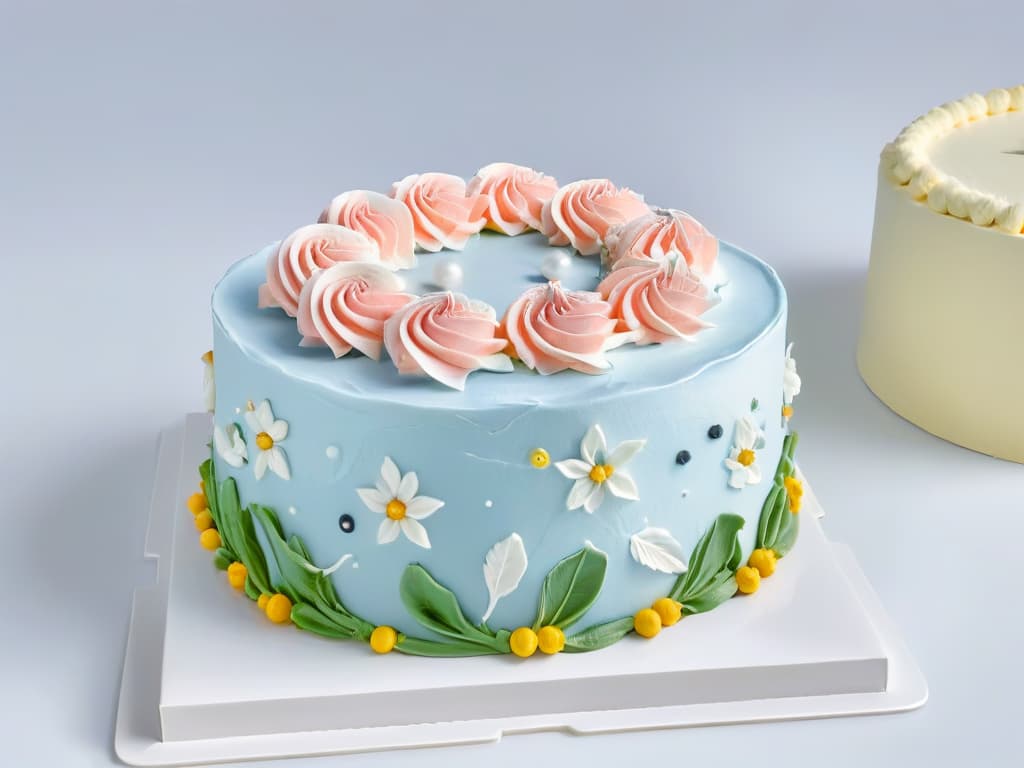  A closeup, ultradetailed image of a perfectly frosted cake with intricate piped decorations in pastel colors, set against a stark white background. The frosting is smooth and flawless, showcasing delicate swirls and floral patterns that highlight the artistry of modern cake decorating trends. hyperrealistic, full body, detailed clothing, highly detailed, cinematic lighting, stunningly beautiful, intricate, sharp focus, f/1. 8, 85mm, (centered image composition), (professionally color graded), ((bright soft diffused light)), volumetric fog, trending on instagram, trending on tumblr, HDR 4K, 8K