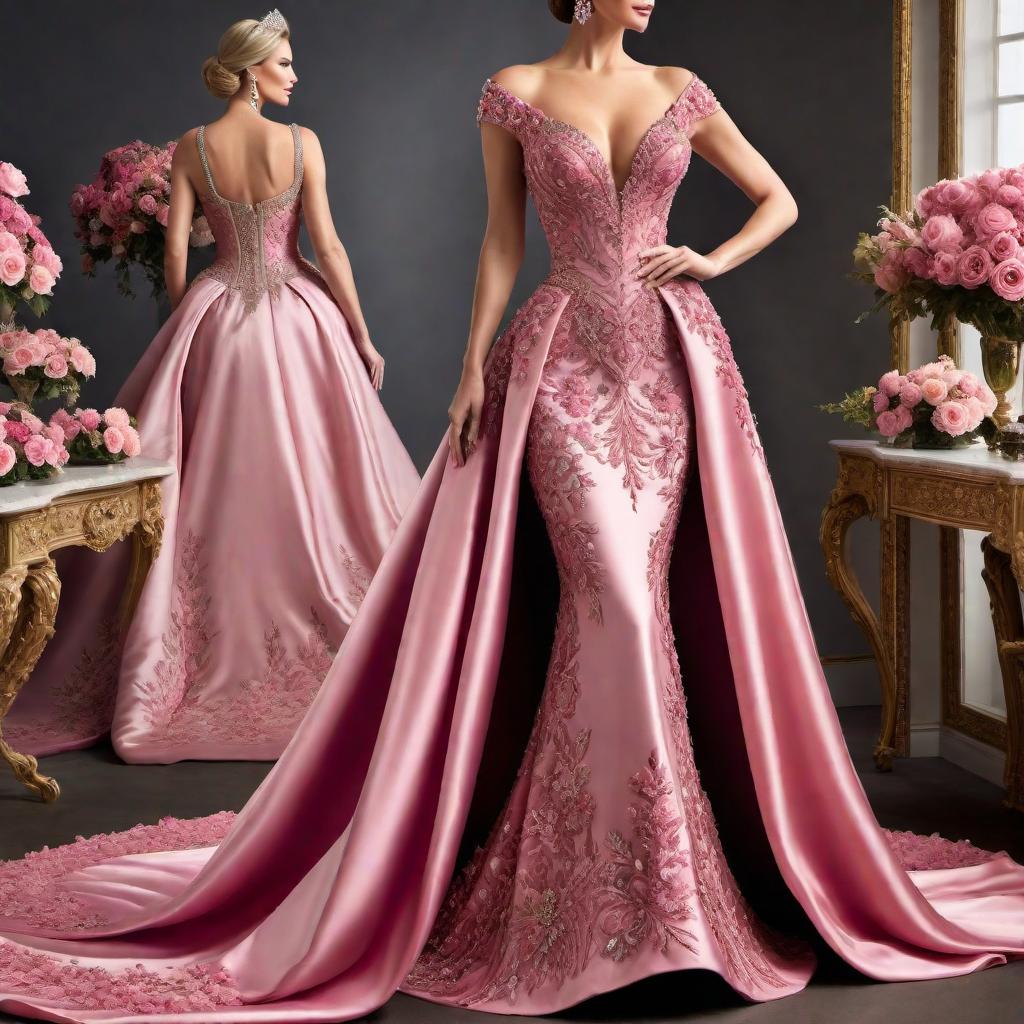  Design an extravagant pink ballgown fit for a queen, enhanced with luxurious queen's jewels. The dress should include opulent gemstone embellishments such as diamonds, sapphires, and rubies adorning the bodice and train, complementing the long beaded silk flowers. The jewels should add to the dress's splendor, making it a timeless piece of royal attire. hyperrealistic, full body, detailed clothing, highly detailed, cinematic lighting, stunningly beautiful, intricate, sharp focus, f/1. 8, 85mm, (centered image composition), (professionally color graded), ((bright soft diffused light)), volumetric fog, trending on instagram, trending on tumblr, HDR 4K, 8K