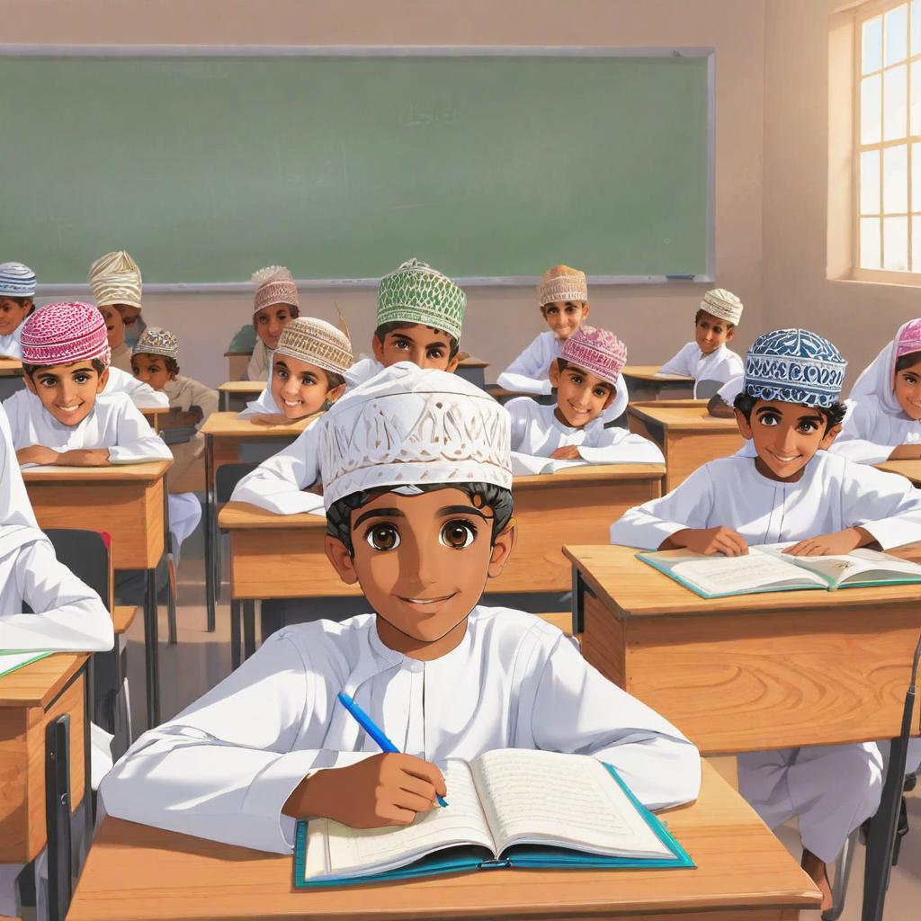  omani boy learning in classroom with arab girls, anime