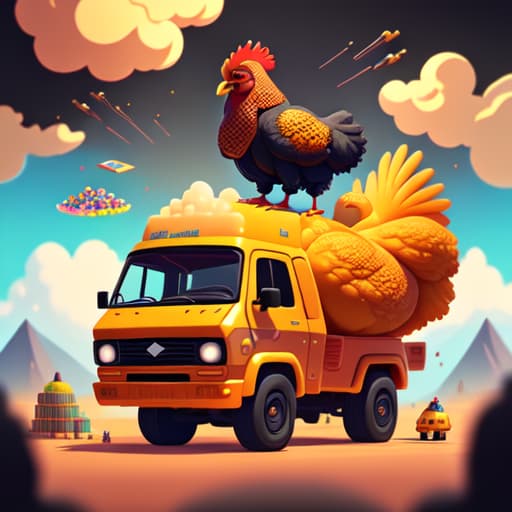 in OliDisco style a black man has a big chicken ,big like a truck and he is in pan and fiying in the sky and eat a lot of candy