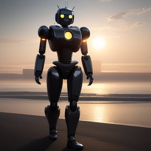  a laughing robot in the sunset hyperrealistic, full body, detailed clothing, highly detailed, cinematic lighting, stunningly beautiful, intricate, sharp focus, f/1. 8, 85mm, (centered image composition), (professionally color graded), ((bright soft diffused light)), volumetric fog, trending on instagram, trending on tumblr, HDR 4K, 8K