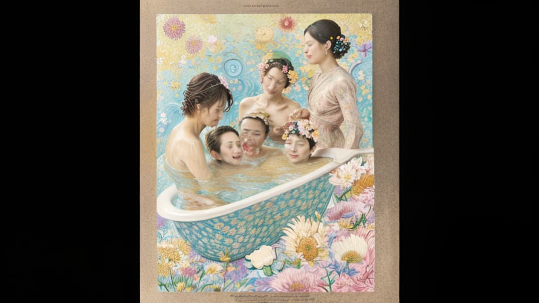  , mom and two boys taking a bath,colorful swirls with flowers around the body, surreal style, digital art in the style of Vincent van Gogh, detailed illustration with intricate patterns and textures, soft lighting, high resolution quality.,hyper realistic, knee shot, 4k, hasselblad 1600f hyperrealistic, full body, detailed clothing, highly detailed, cinematic lighting, stunningly beautiful, intricate, sharp focus, f/1. 8, 85mm, (centered image composition), (professionally color graded), ((bright soft diffused light)), volumetric fog, trending on instagram, trending on tumblr, HDR 4K, 8K