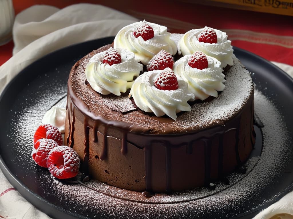  A closeup, ultradetailed image of a freshly baked glutenfree chocolate lava cake on a sleek, matte black plate, with a dusting of powdered sugar, a dollop of whipped cream, and a single vibrant raspberry on top. The cake is oozing with rich, gooey chocolate, showcasing a perfect balance of textures and flavors that epitomize the essence of glutenfree baking with satisfyingly decadent results. hyperrealistic, full body, detailed clothing, highly detailed, cinematic lighting, stunningly beautiful, intricate, sharp focus, f/1. 8, 85mm, (centered image composition), (professionally color graded), ((bright soft diffused light)), volumetric fog, trending on instagram, trending on tumblr, HDR 4K, 8K