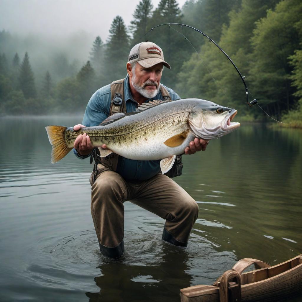  Middle-aged white man redneck fishing being pulled into the water by a large bass fish hyperrealistic, full body, detailed clothing, highly detailed, cinematic lighting, stunningly beautiful, intricate, sharp focus, f/1. 8, 85mm, (centered image composition), (professionally color graded), ((bright soft diffused light)), volumetric fog, trending on instagram, trending on tumblr, HDR 4K, 8K