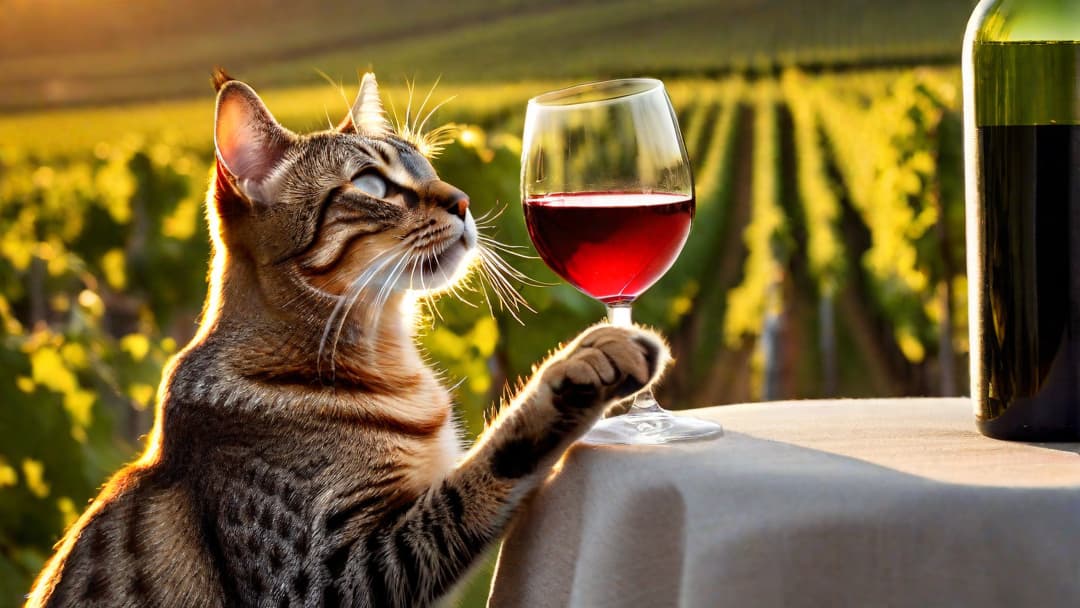  Create an eye-catching visual for your article titled "Can Cats Drink Wine?" by picturing a mischievous feline playfully sipping from a dainty wine glass, with a backdrop showcasing a vineyard at sunset. hyperrealistic, full body, detailed clothing, highly detailed, cinematic lighting, stunningly beautiful, intricate, sharp focus, f/1. 8, 85mm, (centered image composition), (professionally color graded), ((bright soft diffused light)), volumetric fog, trending on instagram, trending on tumblr, HDR 4K, 8K