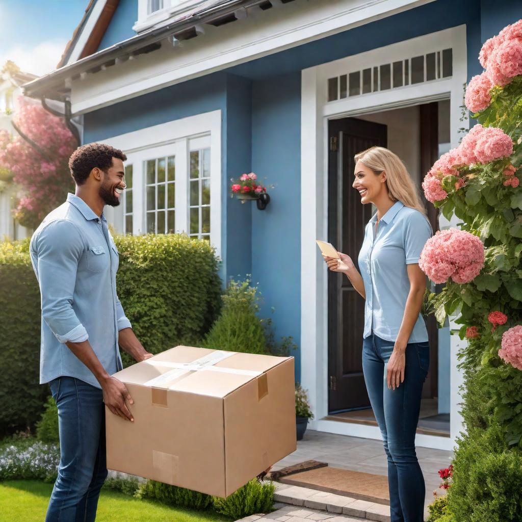  A friendly delivery person smiling and handing over a package to a resident at the doorstep of a cozy suburban house. The house has a neat garden with flowers, a wooden porch, and a clear blue sky in the background. hyperrealistic, full body, detailed clothing, highly detailed, cinematic lighting, stunningly beautiful, intricate, sharp focus, f/1. 8, 85mm, (centered image composition), (professionally color graded), ((bright soft diffused light)), volumetric fog, trending on instagram, trending on tumblr, HDR 4K, 8K