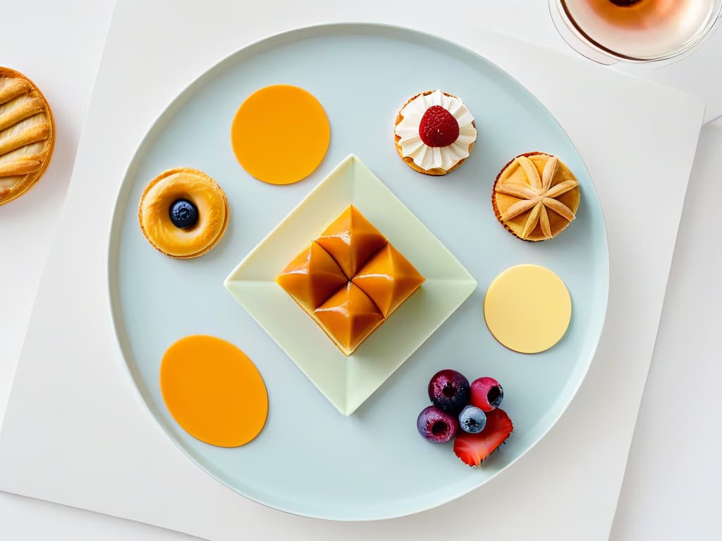  An image of a perfectly symmetrical and minimalist dessert plate, featuring a delicate arrangement of geometrically shaped pastries in pastel colors, set against a pristine white background. The pastries vary in shapes such as circles, triangles, squares, and hexagons, each with a glossy finish that catches the light just so. The overall composition exudes elegance and precision, with meticulous attention to detail in every aspect of the presentation. hyperrealistic, full body, detailed clothing, highly detailed, cinematic lighting, stunningly beautiful, intricate, sharp focus, f/1. 8, 85mm, (centered image composition), (professionally color graded), ((bright soft diffused light)), volumetric fog, trending on instagram, trending on tumblr, HDR 4K, 8K