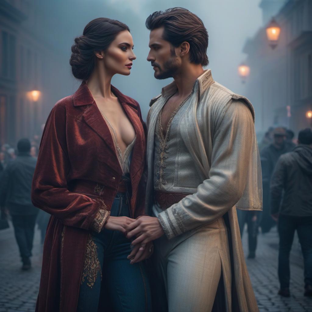  "Lover man and woman in clothes" hyperrealistic, full body, detailed clothing, highly detailed, cinematic lighting, stunningly beautiful, intricate, sharp focus, f/1. 8, 85mm, (centered image composition), (professionally color graded), ((bright soft diffused light)), volumetric fog, trending on instagram, trending on tumblr, HDR 4K, 8K