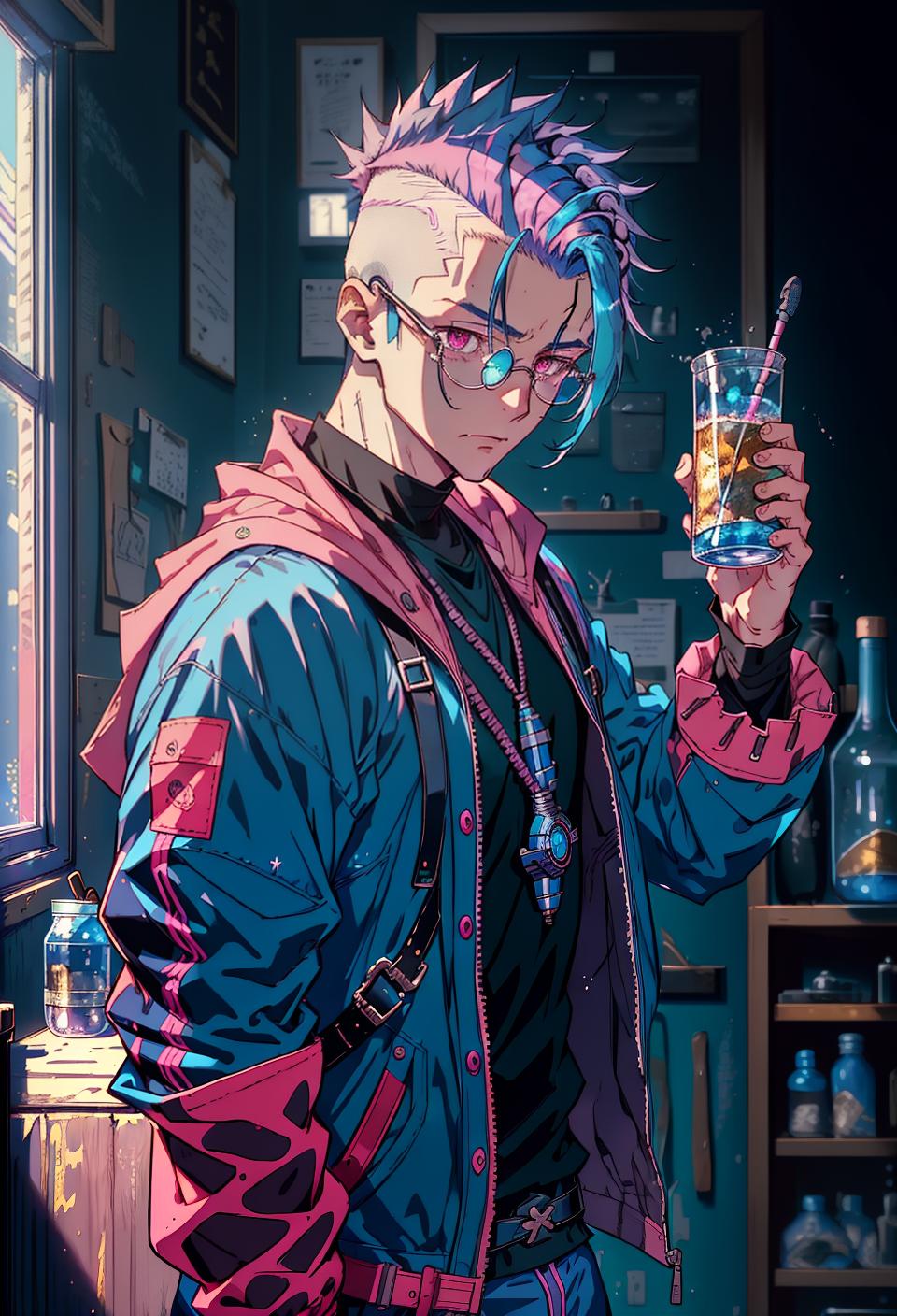  ((trending, highres, masterpiece, cinematic shot)), 1boy, mature, male hiking gear, alchemist laboratory scene, long messy blue hair, mohawk hairstyle, large pink eyes, high class, elegant personality, sad expression, animal ears, animal tail, fair skin, magical, observant
