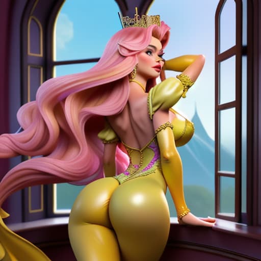  Sofia Vergara as a fantasy Disney queen in bodytight and skinny pink-yellow short and opulent dress,seen from the back leaning towards palace window,her ass up,watching her Middle Earth- like kingdom