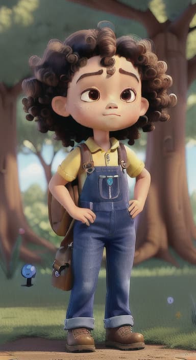  {Riley standing under the tree with eyes closed, making the wish., Riley, a curious with big brown eyes and curly hair, wearing overalls and carrying a small backpack. Their friend, Skye, a bluebird with shiny feathers.