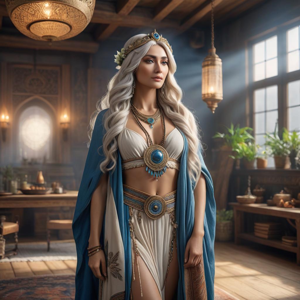  The goddess Hestia, in a hippie outfit, in a Scandinavian interior, with light hair, looks sideways. hyperrealistic, full body, detailed clothing, highly detailed, cinematic lighting, stunningly beautiful, intricate, sharp focus, f/1. 8, 85mm, (centered image composition), (professionally color graded), ((bright soft diffused light)), volumetric fog, trending on instagram, trending on tumblr, HDR 4K, 8K