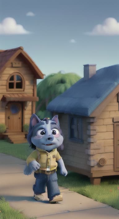  {Max walking back towards the cozy little house with droopy eyes, as twilight falls, The big blue dog is large with sky blue fur, big round eyes, a black nose, and floppy ears.