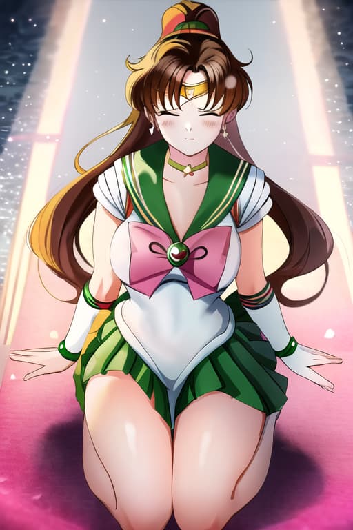  anime womens praying,kneeling,closed eyes,(sailor jupiter:1.3), (masterpiece), (highest quality), (intricate), (high detail)