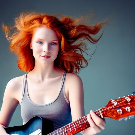 portrait+ style une belle femme rousse nue avec une guitare électrique on voit bien ses seins sans vêtements