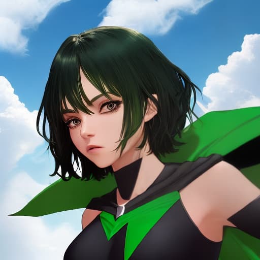  make a character superhero with green dark hair and black superhero costume and clouds around