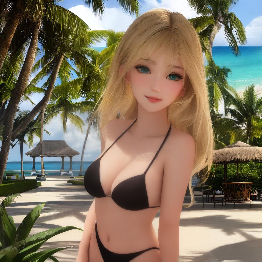  masterpiece, best quality, masterpiece, best quality, 8k resolution, close-up of a beautiful model, on the beach, coconut trees, pavilions and seaside in the background, shallow depth of field, shooting angle slightly lower, long (blonde), amazing green eyes, flirtatious gaze, flirtatious smile,(black bikini: 1.1), under lights, seduction and premium atmosphere at night, delicate face and skin, perfect face, shiny skin, standing
