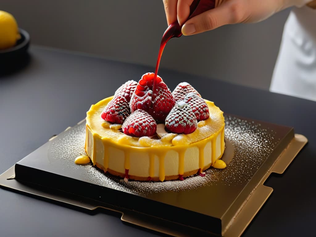  A photorealistic image of a skilled pastry chef carefully drizzling a vibrant raspberry coulis onto a delicate lemon tart, showcasing the precise balance of acidity in a beautifully crafted dessert. The chef's hands are steady, and every detail from the glistening fruit to the flaky crust is captured with stunning clarity, emphasizing the artistry and precision required to calibrate acidity in pastrymaking. hyperrealistic, full body, detailed clothing, highly detailed, cinematic lighting, stunningly beautiful, intricate, sharp focus, f/1. 8, 85mm, (centered image composition), (professionally color graded), ((bright soft diffused light)), volumetric fog, trending on instagram, trending on tumblr, HDR 4K, 8K