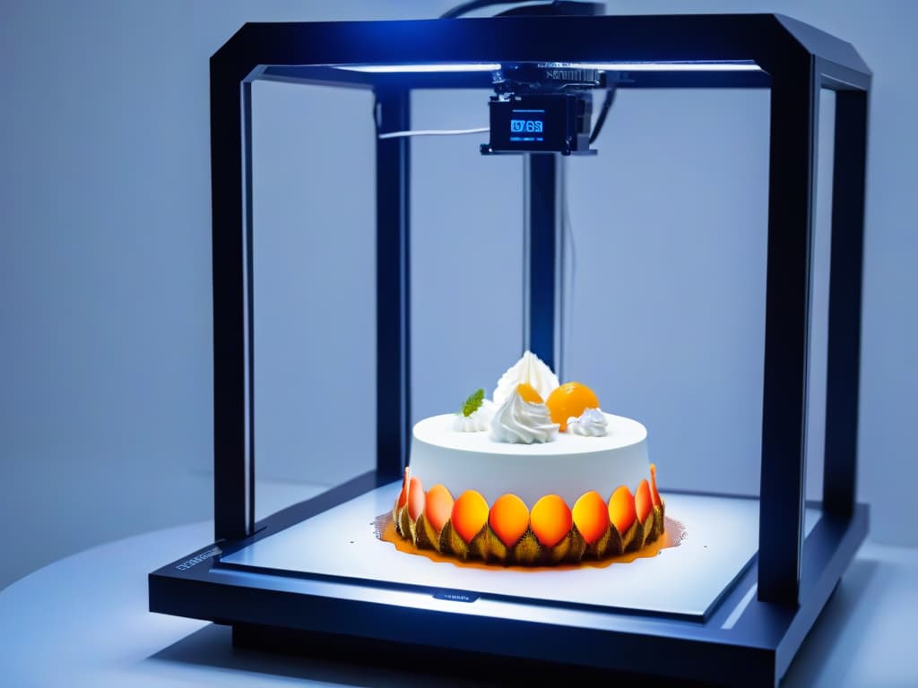  A sleek, minimalistic image showcasing a futuristic 3D printer crafting a delicate and intricate dessert, with artificial intelligence algorithms displayed on a digital screen in the background, symbolizing the fusion of technology and culinary art in the realm of 3D dessert printing. hyperrealistic, full body, detailed clothing, highly detailed, cinematic lighting, stunningly beautiful, intricate, sharp focus, f/1. 8, 85mm, (centered image composition), (professionally color graded), ((bright soft diffused light)), volumetric fog, trending on instagram, trending on tumblr, HDR 4K, 8K