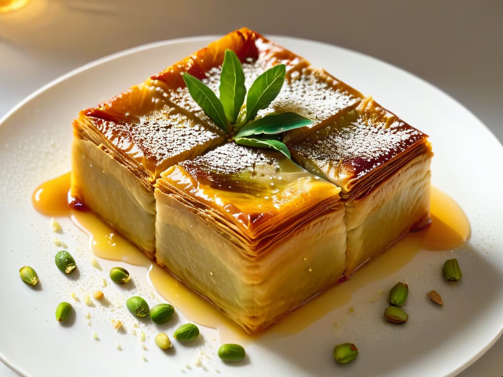  An 8k ultradetailed image of a goldenbrown Baklava sprinkled with finely chopped pistachios, resting on a delicate white porcelain plate with a drizzle of honey cascading down its layers. The pastry glistens under a soft spotlight, highlighting its intricate layers of phyllo dough and nut filling, evoking a sense of warmth and indulgence. hyperrealistic, full body, detailed clothing, highly detailed, cinematic lighting, stunningly beautiful, intricate, sharp focus, f/1. 8, 85mm, (centered image composition), (professionally color graded), ((bright soft diffused light)), volumetric fog, trending on instagram, trending on tumblr, HDR 4K, 8K