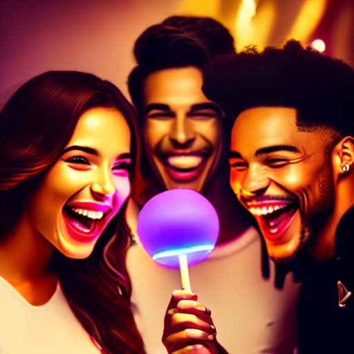 estilovintedois image of a 19-year-old woman accompanied by her friends, men and women, eating a lollipop that lights up as if it had light. They laugh and are happy. They are all very beautiful.
