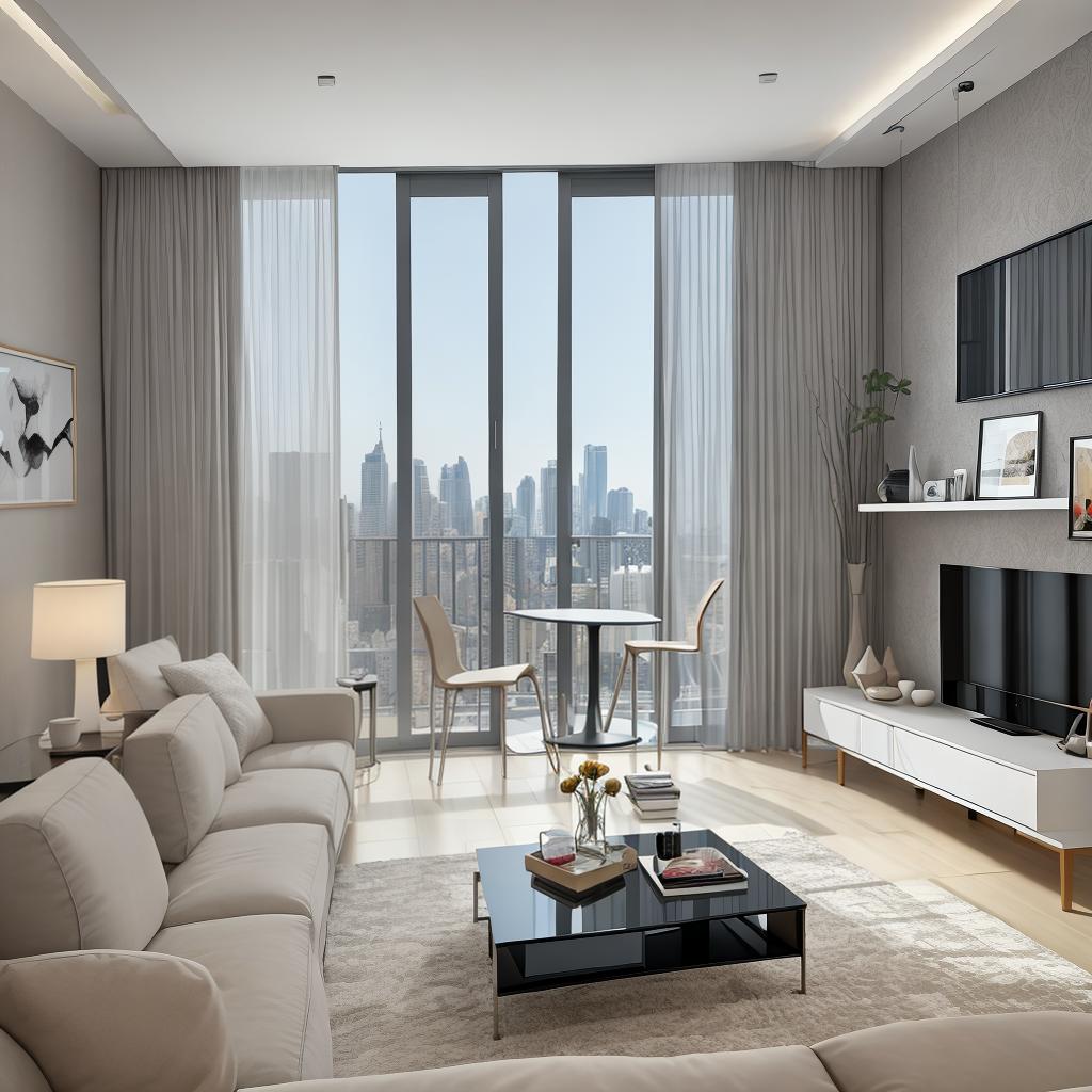  masterpiece, best quality, best quality, masterpiece, 8k resolution, high resolution apartment Living room concept art with floor-to-ceiling windows and modern furniture