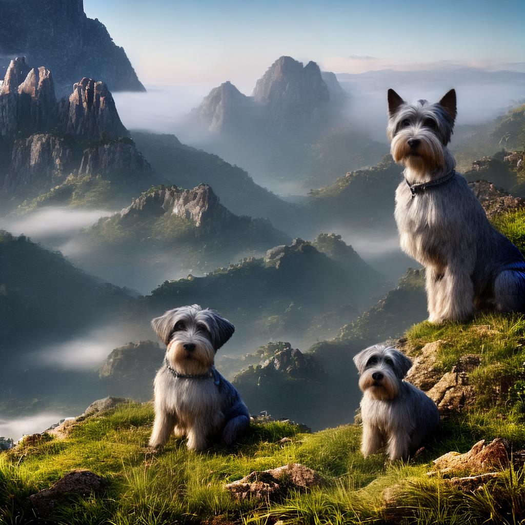  ((masterpiece)),(((best quality))), 8k, high detailed, ultra-detailed. A smart and brave Schnauzer dog, sitting on a grassy hilltop. hyperrealistic, full body, detailed clothing, highly detailed, cinematic lighting, stunningly beautiful, intricate, sharp focus, f/1. 8, 85mm, (centered image composition), (professionally color graded), ((bright soft diffused light)), volumetric fog, trending on instagram, trending on tumblr, HDR 4K, 8K
