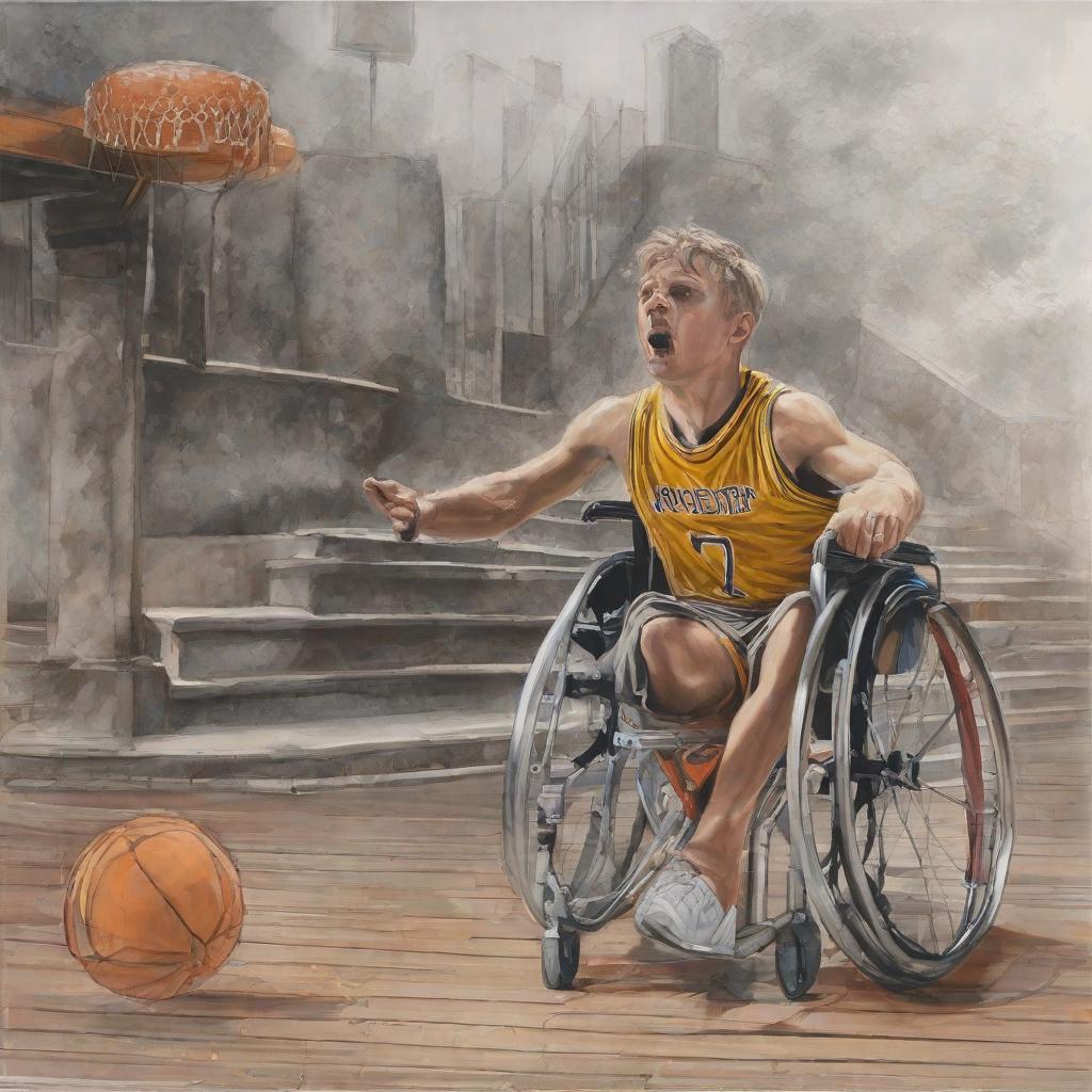  A6 Photorealistic marker pen image of a white european boy, being in a wheelchair, who is very determined and confident to win a basket ball compeion, he is playing, basket ball is in his hand, at a sportshall of a , cheering s in the background, hyperrealistic, very detailed emotions on her face, emphasizing on the emotion hyperrealistic, full body, detailed clothing, highly detailed, cinematic lighting, stunningly beautiful, intricate, sharp focus, f/1. 8, 85mm, (centered image composition), (professionally color graded), ((bright soft diffused light)), volumetric fog, trending on instagram, trending on tumblr, HDR 4K, 8K