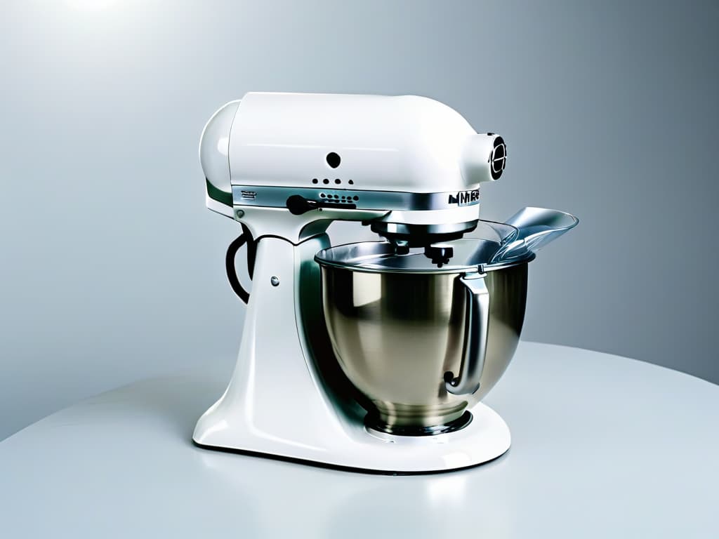  A closeup, ultradetailed image of a sleek, modern stand mixer in a pristine white color, captured from a slightly elevated angle to showcase the smooth lines and elegant design. The light glints off the reflective surface, emphasizing the highquality craftsmanship and professional aesthetic. hyperrealistic, full body, detailed clothing, highly detailed, cinematic lighting, stunningly beautiful, intricate, sharp focus, f/1. 8, 85mm, (centered image composition), (professionally color graded), ((bright soft diffused light)), volumetric fog, trending on instagram, trending on tumblr, HDR 4K, 8K