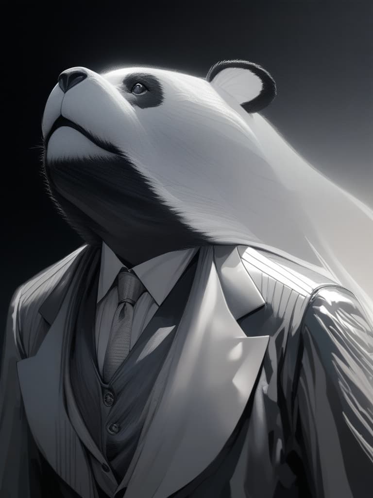  (((panda wearing a tuxedo:1.5)))、((black background、photorealistic monochrome picture style:1.4、grayscale))、best quality:1.4、masterpiece:1.4、ultra detailed texture、RAW photorealistic、absurd resolution、8K illustration、💩、💩、💩、💩、💩、, masterpiece, best quality,8k,ultra detailed,high resolution,an extremely delicate and beautiful,hyper detail