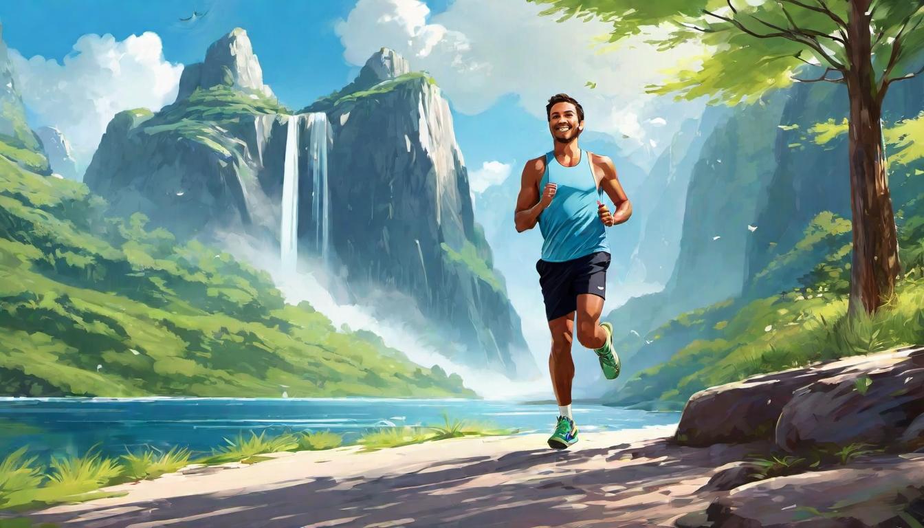  digital illustration, a person jogging or doing yoga in an open scenic environment, flowing energy, relaxed smile, looking at viewer, dynamic pose, (intricate details, masterpiece, best quality)