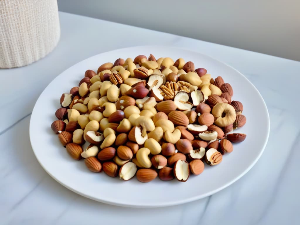  An 8k ultradetailed image of a variety of nuts beautifully arranged on a sleek, modern marble countertop. The assortment includes walnuts, almonds, pecans, and hazelnuts, each meticulously shelled and perfectly positioned to showcase their unique textures and shapes. The natural light streaming in from a nearby window catches the intricate details of the nuts, highlighting their rich colors and wholesome appeal. This minimalist composition exudes elegance and sophistication, inviting the viewer to explore the diverse world of nuts and their role in creating healthy and delicious desserts. hyperrealistic, full body, detailed clothing, highly detailed, cinematic lighting, stunningly beautiful, intricate, sharp focus, f/1. 8, 85mm, (centered image composition), (professionally color graded), ((bright soft diffused light)), volumetric fog, trending on instagram, trending on tumblr, HDR 4K, 8K