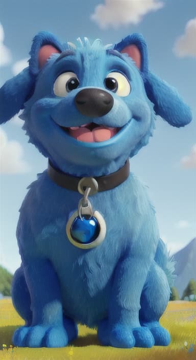  {A happy, big blue dog wagging its tail in a colorful meadow, The big blue dog is large with sky blue fur, big round eyes, a black nose, and floppy ears.