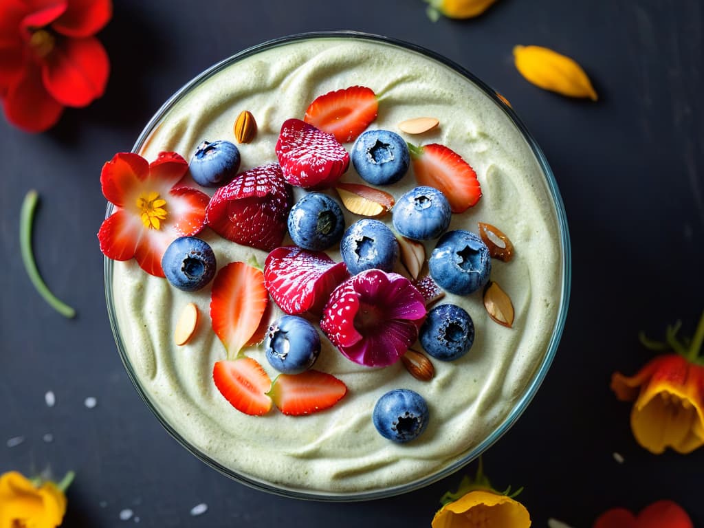  A closeup, ultradetailed image of a beautifully crafted chia seed pudding topped with fresh berries, edible flowers, and a sprinkle of crushed almonds. The focus is on the vibrant colors and intricate textures of the ingredients, showcasing the balance between nutrition and visual appeal in pastry art. hyperrealistic, full body, detailed clothing, highly detailed, cinematic lighting, stunningly beautiful, intricate, sharp focus, f/1. 8, 85mm, (centered image composition), (professionally color graded), ((bright soft diffused light)), volumetric fog, trending on instagram, trending on tumblr, HDR 4K, 8K