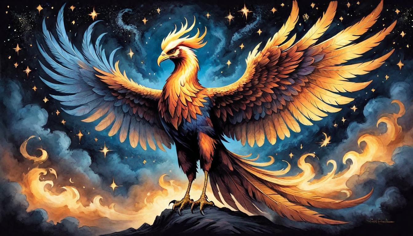  on parchment, surrealism+++, A majestic phoenix rises from the ashes, embodying the spirit of rebirth and inspiration, feathers glowing as if lit by an inner flame, silhouette framed against a dark, starry sky, rebirth, inspiration, invigoration(mysterious, provocative, symbolic,muted color)+++