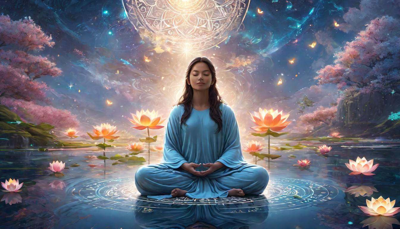  digital illustration, A serene and ethereal figure meditating, surrounded by soft glowing symbols and light language scripts, figure in lotus position, ambient light, sense of peace and spiritual elevation, looking at viewer, dynamic pose, (intricate details, masterpiece, best quality)