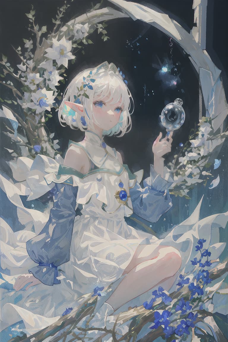  master piece , best quality,Elf ears, white hair, bobbed hair, soap bubbles, blue petals, white dress