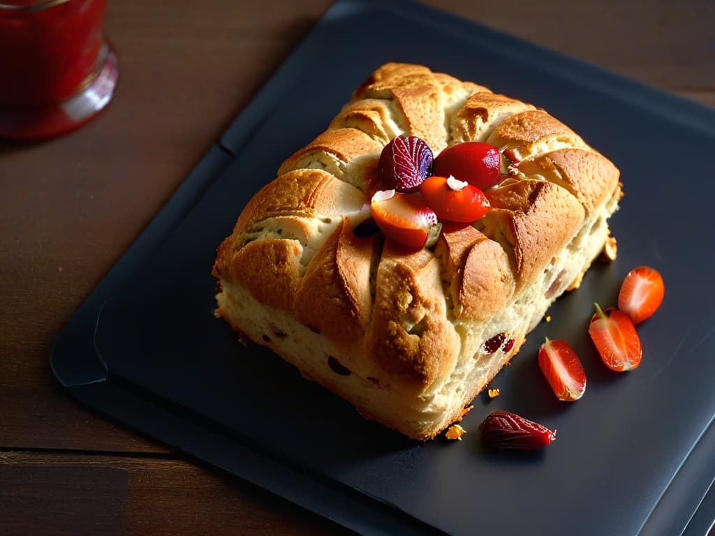  An ultradetailed closeup image of a freshly baked goji berry and almond scone, with the vibrant red goji berries glistening on the goldenbrown crust. The scone is delicately placed on a sleek, matte black plate, highlighting the contrast between the rich colors of the scone and the minimalist background. Each individual goji berry is perfectly in focus, showcasing its plump texture and intense hue, inviting the viewer to appreciate the beauty and potential of incorporating this superfood into traditional recipes. hyperrealistic, full body, detailed clothing, highly detailed, cinematic lighting, stunningly beautiful, intricate, sharp focus, f/1. 8, 85mm, (centered image composition), (professionally color graded), ((bright soft diffused light)), volumetric fog, trending on instagram, trending on tumblr, HDR 4K, 8K