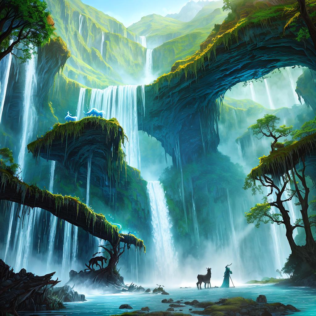  in a fantasy setting, Paint a surreal landscape where mythical beasts roam amidst cascading waterfalls.