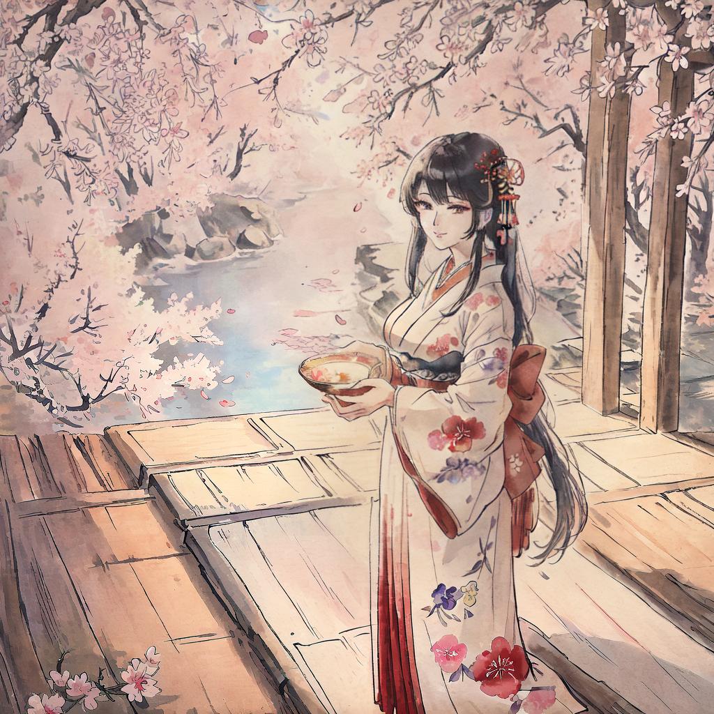  A stunning masterpiece portraying an Asian woman wearing a kimono in the traditional Japanese style. This artwork is of the best quality, offering 8k resolution and ultra-detailed rendering. The woman's kimono is adorned with intricate floral patterns and vibrant colors, showcasing the rich cultural heritage of Japan. The artist skillfully captures the graceful posture of the woman, who is standing in a serene garden surrounded by cherry blossom trees in full bloom. The sunlight filters through the trees, casting a soft, ethereal glow on the scene. The artwork is reminiscent of the ukiyo-e style, with meticulous attention to every brushstroke. Experience the beauty and elegance of this high-detailed masterpiece on our website. hyperrealistic, full body, detailed clothing, highly detailed, cinematic lighting, stunningly beautiful, intricate, sharp focus, f/1. 8, 85mm, (centered image composition), (professionally color graded), ((bright soft diffused light)), volumetric fog, trending on instagram, trending on tumblr, HDR 4K, 8K