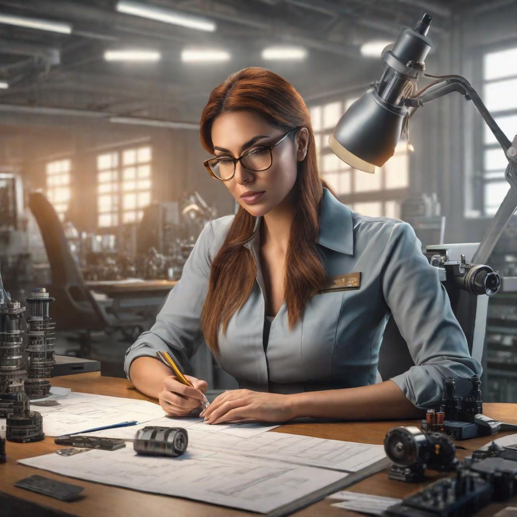  Draw an Engineer-economist of European appearance, who does the calculation of the cost of production. She works at a defense plant in a bright office during the daytime hyperrealistic, full body, detailed clothing, highly detailed, cinematic lighting, stunningly beautiful, intricate, sharp focus, f/1. 8, 85mm, (centered image composition), (professionally color graded), ((bright soft diffused light)), volumetric fog, trending on instagram, trending on tumblr, HDR 4K, 8K