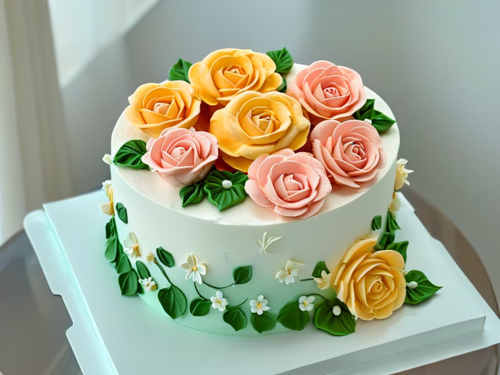  A closeup, ultradetailed image of a hand gracefully shaping delicate, intricate fondant roses on a freshly baked cake. The vibrant colors of the flowers contrast beautifully with the soft pastel hues of the cake, and every petal and leaf is meticulously crafted, showcasing the skill and artistry of onehanded baking techniques. hyperrealistic, full body, detailed clothing, highly detailed, cinematic lighting, stunningly beautiful, intricate, sharp focus, f/1. 8, 85mm, (centered image composition), (professionally color graded), ((bright soft diffused light)), volumetric fog, trending on instagram, trending on tumblr, HDR 4K, 8K