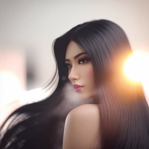  A girl's long black hair from the back and the background is a photography studio hyperrealistic, full body, detailed clothing, highly detailed, cinematic lighting, stunningly beautiful, intricate, sharp focus, f/1. 8, 85mm, (centered image composition), (professionally color graded), ((bright soft diffused light)), volumetric fog, trending on instagram, trending on tumblr, HDR 4K, 8K