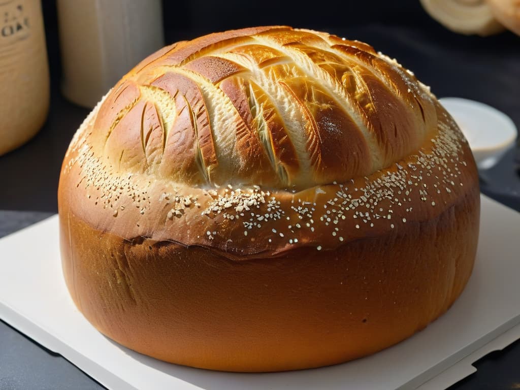  A closeup, ultradetailed image of a perfectly risen loaf of artisan bread, with a goldenbrown crust that glistens under a soft light, showcasing the intricate patterns scored on the top of the loaf. The texture of the bread is visible, with tiny air pockets creating a light and fluffy interior. The background is a simple, dark surface that enhances the contrast and highlights the craftsmanship of the breadmaking process. hyperrealistic, full body, detailed clothing, highly detailed, cinematic lighting, stunningly beautiful, intricate, sharp focus, f/1. 8, 85mm, (centered image composition), (professionally color graded), ((bright soft diffused light)), volumetric fog, trending on instagram, trending on tumblr, HDR 4K, 8K