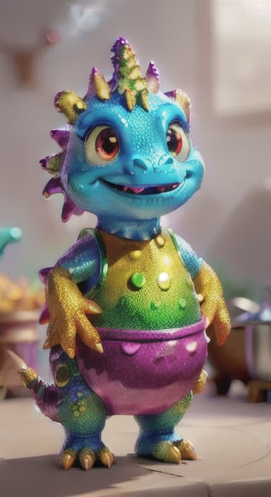  {A sparkly dinosaur with glittery scales standing next to a big pot of steaming jollof rice., Shiny Dino has glittery, multicolored scales that sparkle in the sunlight. It has big, friendly eyes and a happy, wide smile, with small arms perfect for stirring pots. Shiny Dino wears a playful, polka dotted apron and a tiny chef's hat.