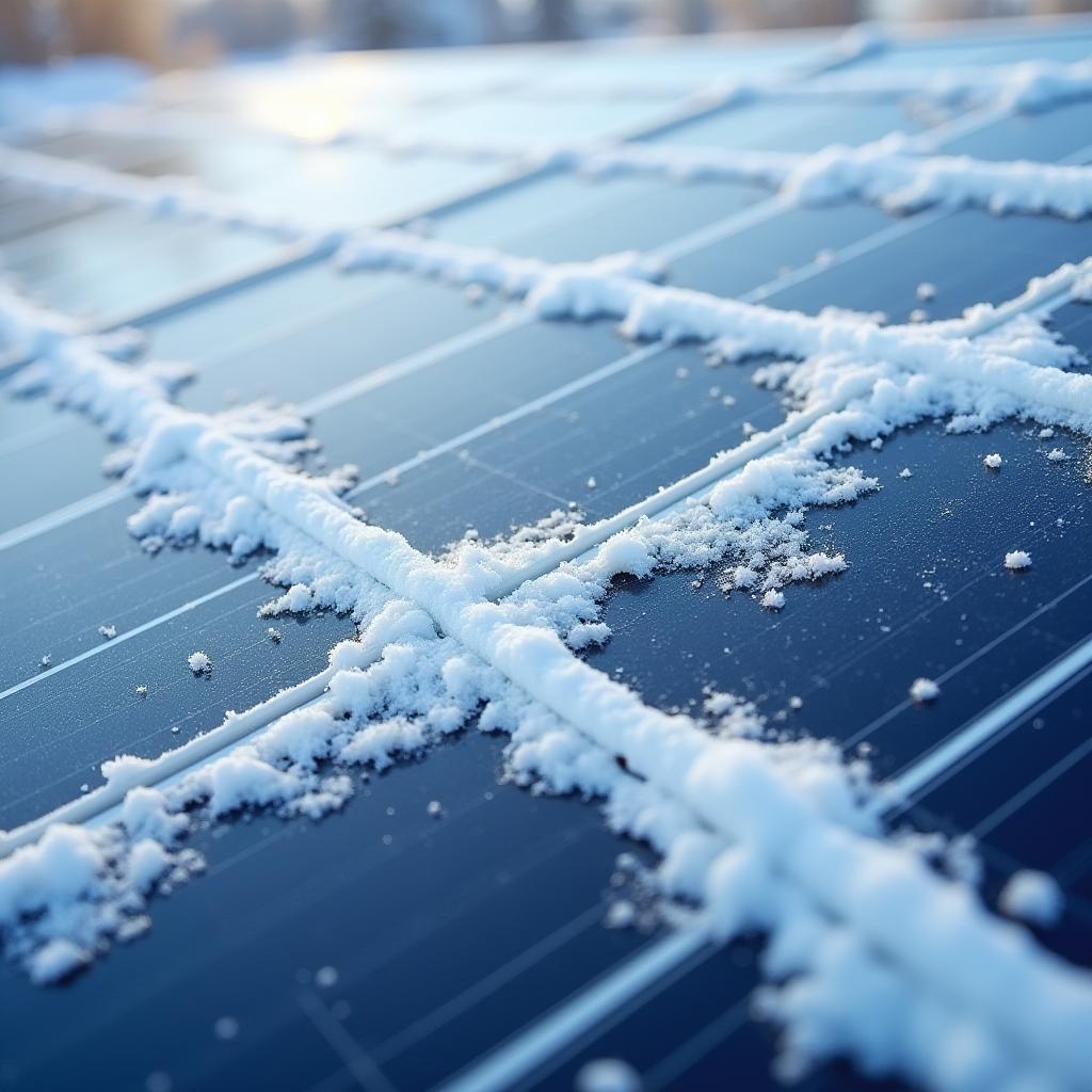  good quality, high quality, a close up of snow covered solar panels, highlighting their efficiency in winter.