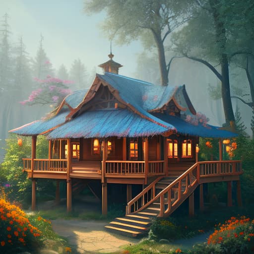  (Фон) Зеленный лес с рекой. (Передний фон)This tree house. The blossoms are blooming above the roof of the cabin. The flowers are blue turning to blue, red, yellow., (Extremely Detailed Oil Painting:1.2), glow effects, godrays, Hand drawn, render, 8k, octane render, cinema 4d, blender, dark, atmospheric 4k ultra detailed, cinematic sensual, Sharp focus, humorous illustration, big depth of field, Masterpiece, colors, 3d octane render, 4k, concept art, trending on artstation, hyperrealistic, Vivid colors, extremely detailed CG unity 8k wallpaper, trending on ArtStation, trending on CGSociety, Intricate, High Detail, dramatic hyperrealistic, full body, detailed clothing, highly detailed, cinematic lighting, stunningly beautiful, intricate, sharp focus, f/1. 8, 85mm, (centered image composition), (professionally color graded), ((bright soft diffused light)), volumetric fog, trending on instagram, trending on tumblr, HDR 4K, 8K