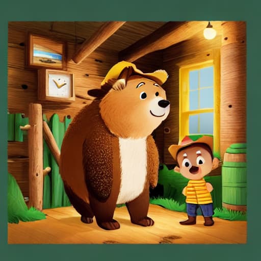  a boy with yellow hat and brown shirt and green pants, bear standing, in cabin